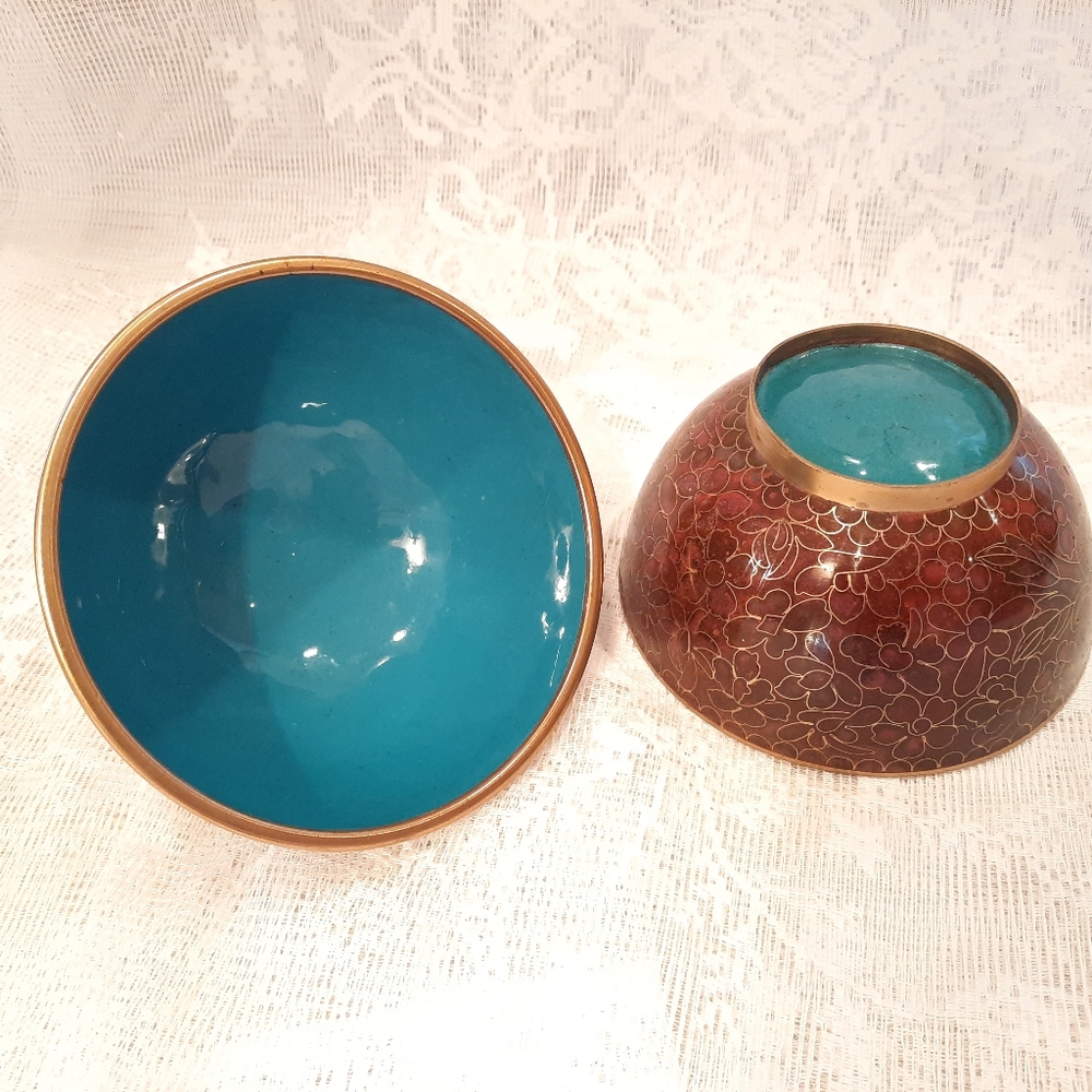 Set of  (2) brass, enemel covered bowls